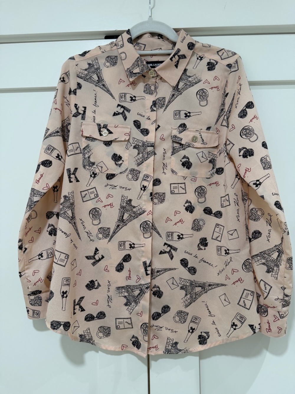 Karl Lagerfeld Paris Printed Button-Up Blouse Size Small Eiffel Tower Paris Chic